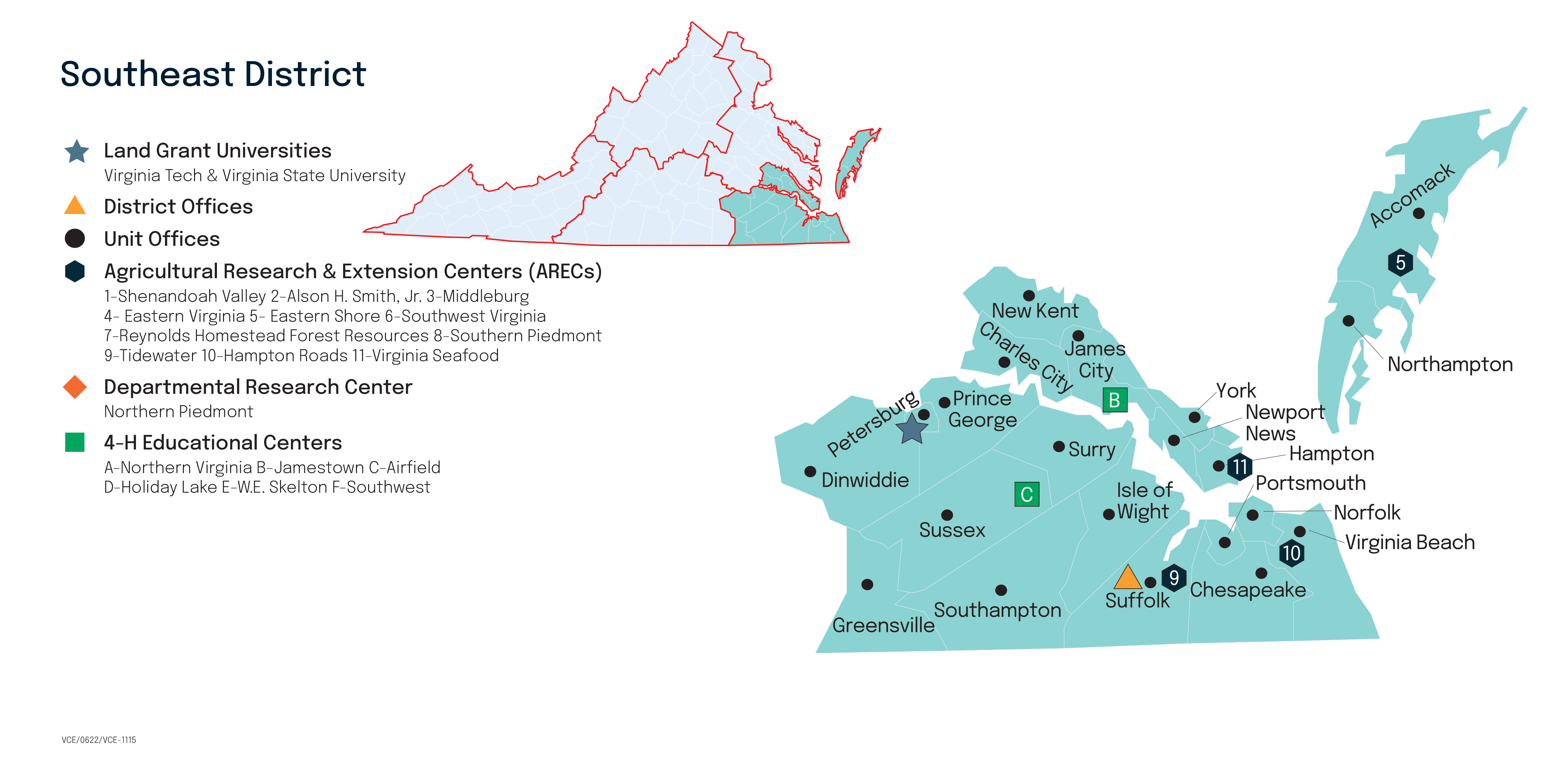 Map of the Southeast District of Virginia Cooperative Extension