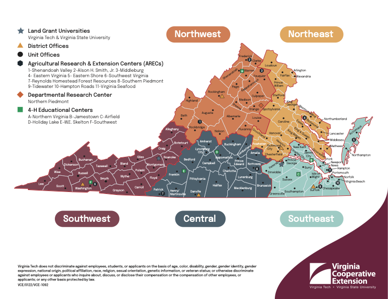 Map of Virginia Cooperative Extension Unit Offices and Research Centers