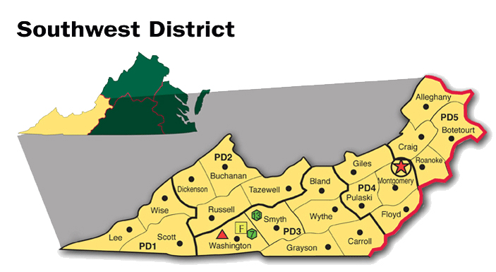 Map of the Southwest District of Virginia Cooperative Extension.